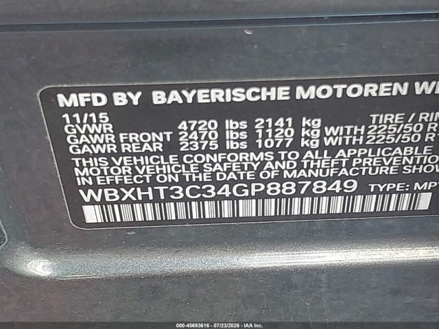 45693616 :رقم المزاد ، WBXHT3C34GP887849 vin ، 2016 Bmw X1 Xdrive28i مزاد بيع