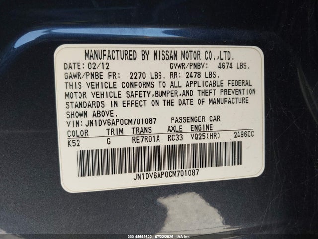 45693622 :رقم المزاد ، JN1DV6AP0CM701087 vin ، 2012 Infiniti G25 Journey مزاد بيع