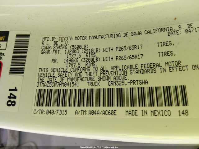 45693626 :رقم المزاد ، 3TMAZ5CN7HM041541 vin ، 2017 Toyota Tacoma Trd Sport مزاد بيع