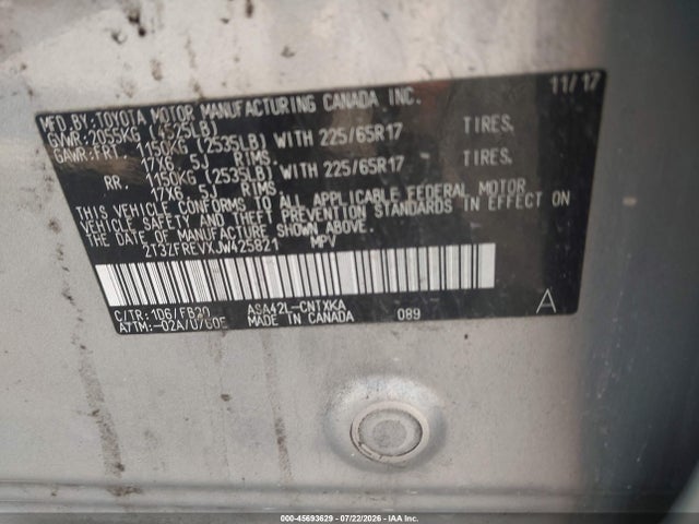 Aukcja sprzedaży 2018 Toyota Rav4 Le, vin: 2T3ZFREVXJW425821, numer aukcji: 45693629