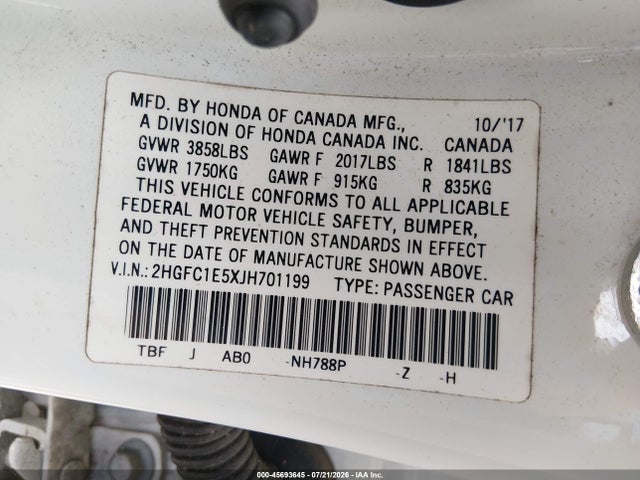 Auction sale of the 2018 Honda Civic Si, vin: 2HGFC1E5XJH701199, lot number: 45693645
