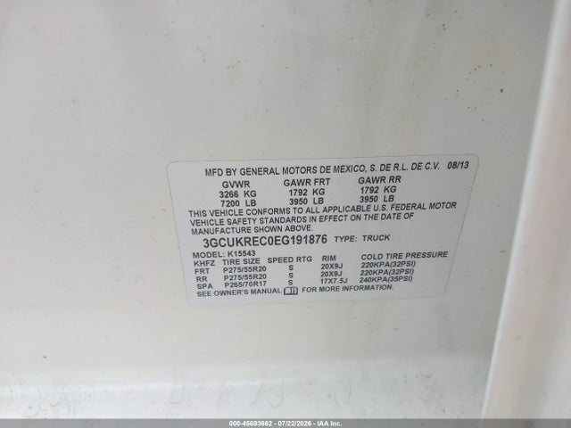 45693662 :رقم المزاد ، 3GCUKREC0EG191876 vin ، 2014 Chevrolet Silverado 1500 Lt مزاد بيع