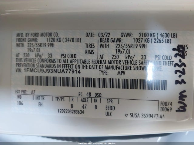 2022 Ford Escape Titanium მანქანა იყიდება აუქციონზე, vin: 1FMCU9J93NUA77914, აუქციონის ნომერი: 45693667