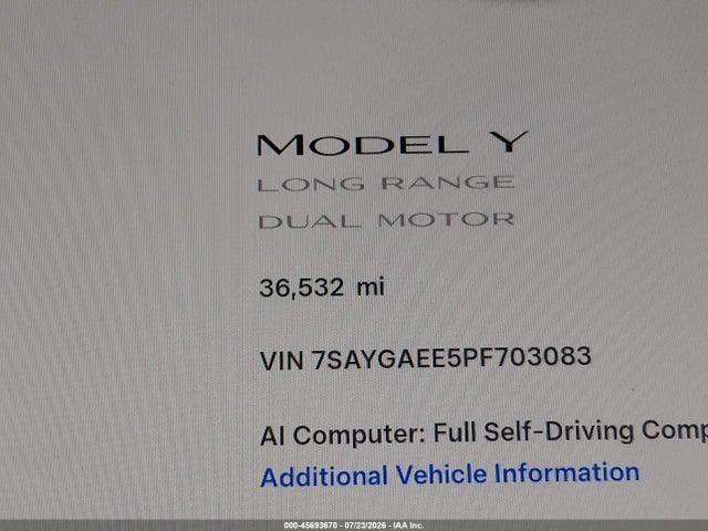 Aukcja sprzedaży 2023 Tesla Model Y Awd/long Range Dual Motor All-wheel Drive, vin: 7SAYGAEE5PF703083, numer aukcji: 45693670
