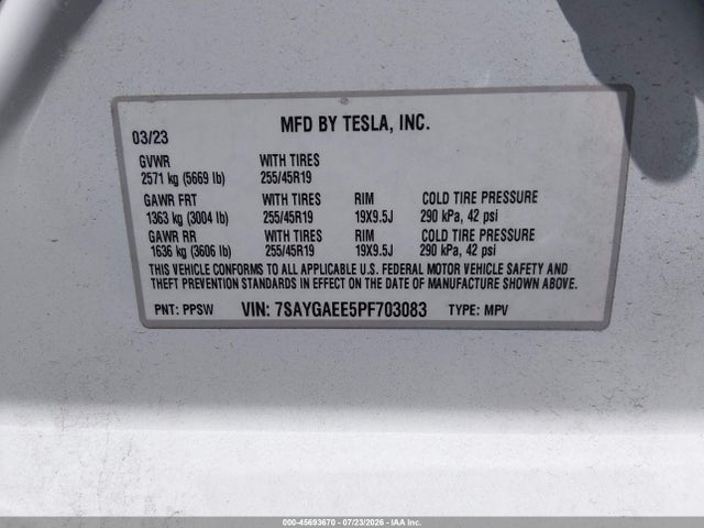 Aukcja sprzedaży 2023 Tesla Model Y Awd/long Range Dual Motor All-wheel Drive, vin: 7SAYGAEE5PF703083, numer aukcji: 45693670