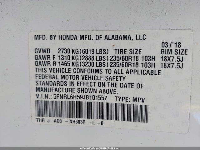 Honda ODYSSEY EX 2018 5FNRL6H59JB101557 Image 9