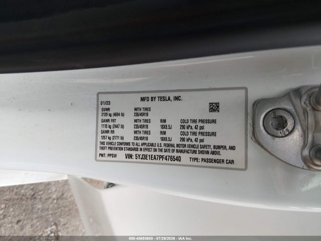 2023 Tesla Model 3 Rear-wheel Drive მანქანა იყიდება აუქციონზე, vin: 5YJ3E1EA7PF476540, აუქციონის ნომერი: 45693680