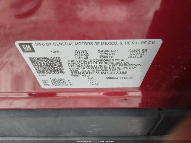 45693682 :رقم المزاد ، 3GNAXKEV3ML317285 vin ، 2021 Chevrolet Equinox Fwd Lt مزاد بيع