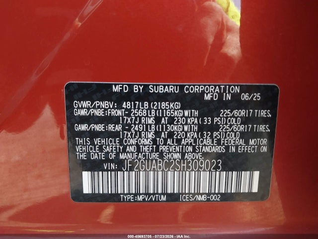 Продажа на аукционе авто 2025 Subaru Crosstrek, vin: JF2GUABC2SH309023, номер лота: 45693705