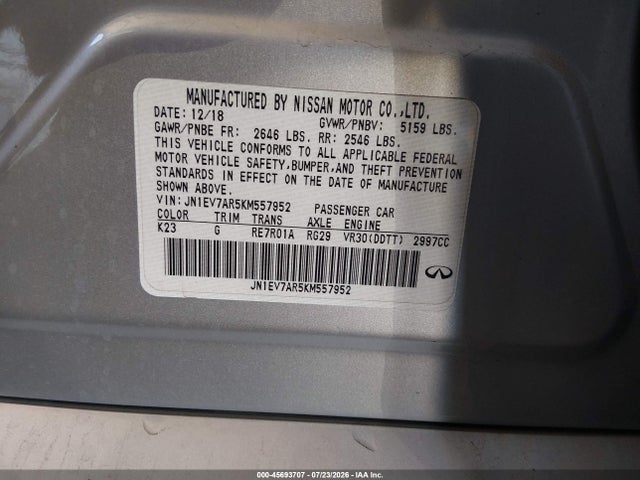 45693707 :رقم المزاد ، JN1EV7AR5KM557952 vin ، 2019 Infiniti Q50 3.0t Luxe مزاد بيع