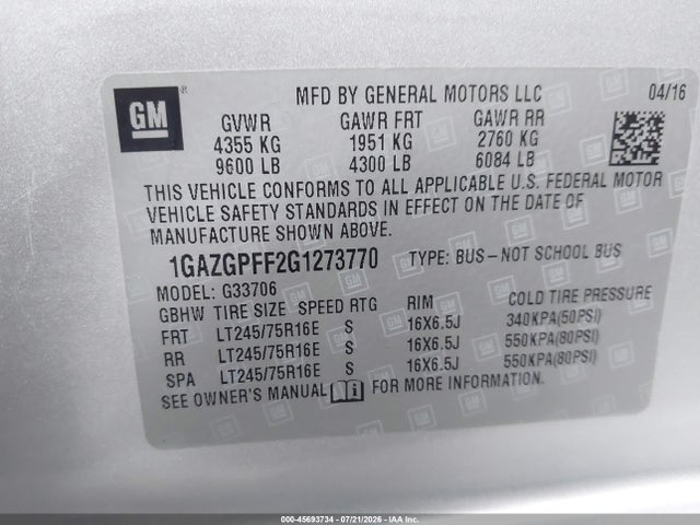 Aukcja sprzedaży 2016 Chevrolet Express 3500 Lt, vin: 1GAZGPFF2G1273770, numer aukcji: 45693734