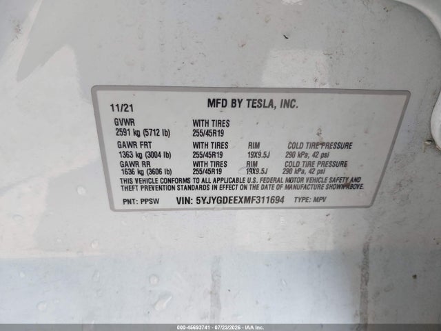 Продаж на аукціоні авто 2021 Tesla Model Y Long Range Dual Motor All-wheel Drive, vin: 5YJYGDEEXMF311694, номер лоту: 45693741