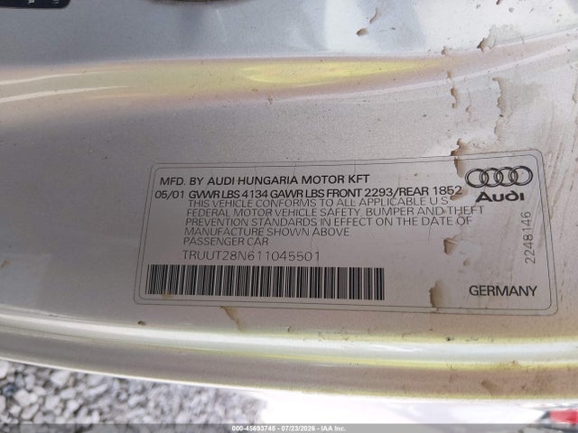 45693745 :رقم المزاد ، TRUUT28N611045501 vin ، 2001 Audi Tt مزاد بيع