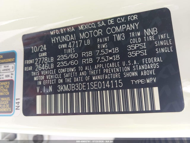 Продажа на аукционе авто 2025 Hyundai Tucson Sel, vin: 3KMJB3DE1SE014115, номер лота: 45693761
