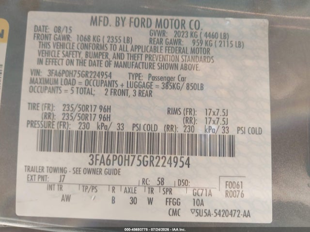 45693775 :رقم المزاد ، 3FA6P0H75GR224954 vin ، 2016 Ford Fusion Se مزاد بيع