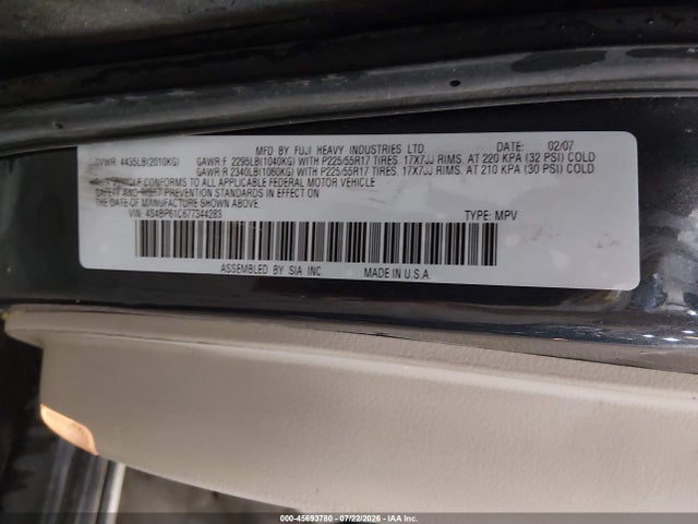 Aukcja sprzedaży 2007 Subaru Outback 2.5i/2.5i Basic/2.5i L.l. Bean Edition, vin: 4S4BP61C677344283, numer aukcji: 45693780