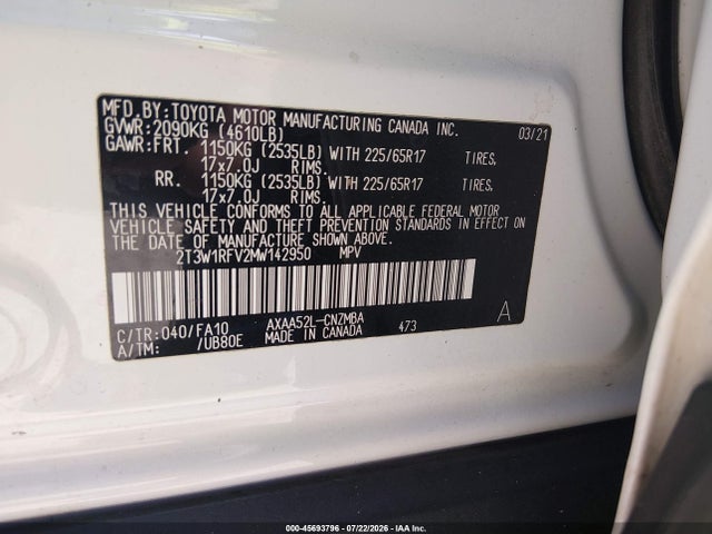 45693796 :رقم المزاد ، 2T3W1RFV2MW142950 vin ، 2021 Toyota Rav4 Xle مزاد بيع