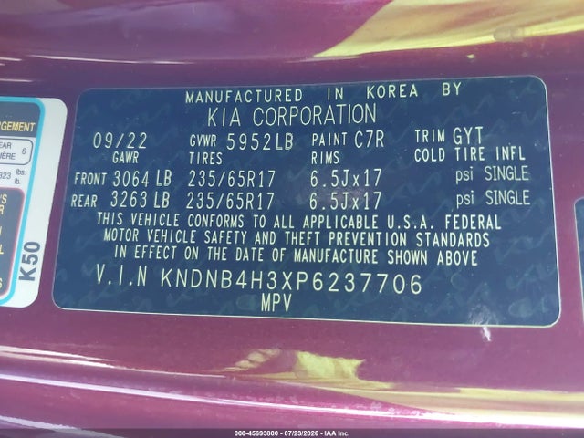 Aukcja sprzedaży 2023 Kia Carnival Mpv Lx Seat Package, vin: KNDNB4H3XP6237706, numer aukcji: 45693800