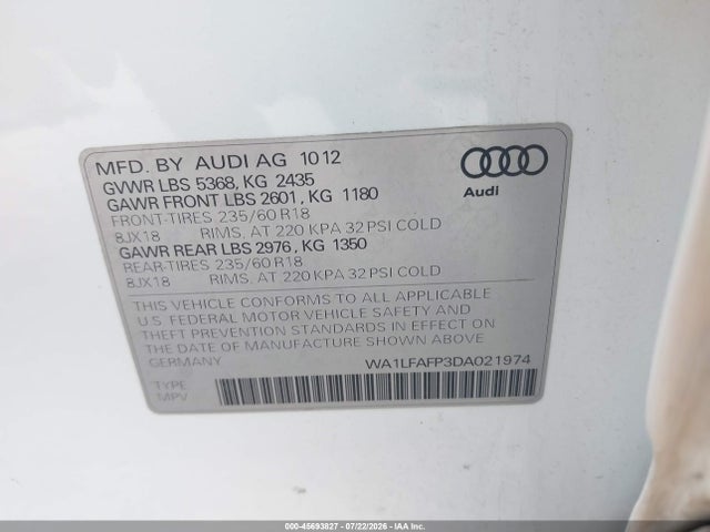 45693827 :رقم المزاد ، WA1LFAFP3DA021974 vin ، 2013 Audi Q5 2.0t Premium مزاد بيع