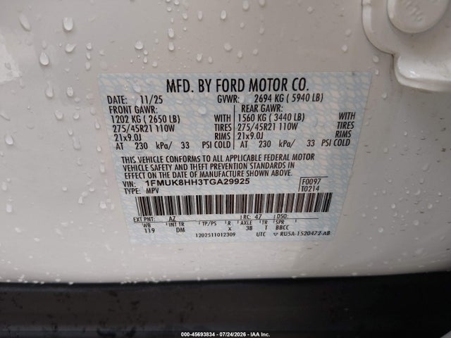 Продаж на аукціоні авто 2026 Ford Explorer Platinum, vin: 1FMUK8HH3TGA29925, номер лоту: 45693834