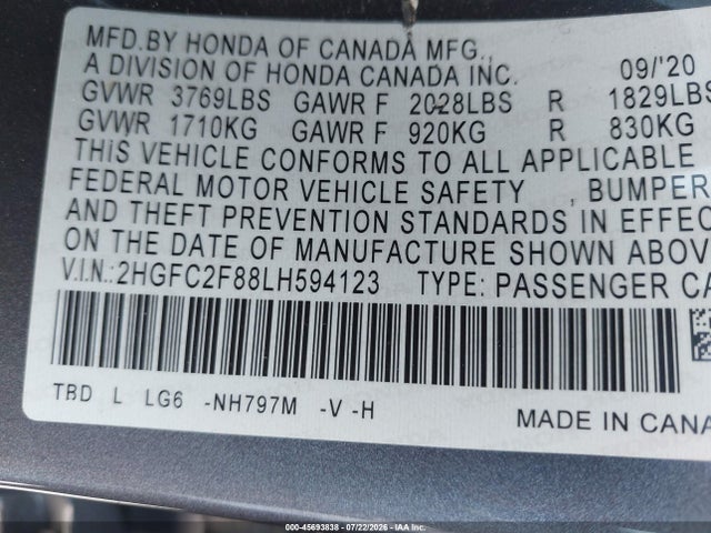 Honda Civic Sport 2020 2HGFC2F88LH594123 Image 9