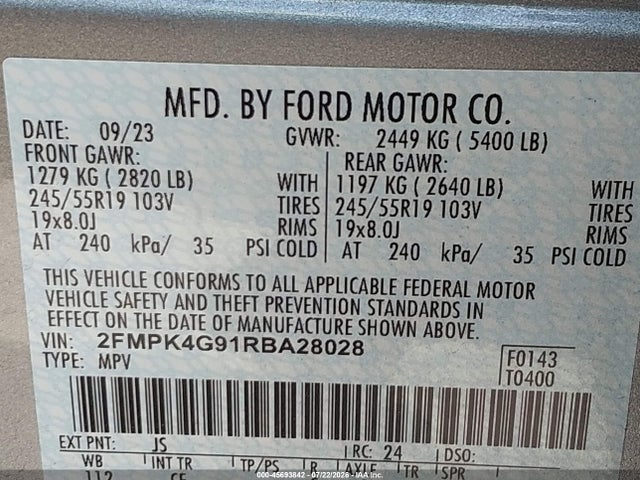45693842 :رقم المزاد ، 2FMPK4G91RBA28028 vin ، 2024 Ford Edge Se مزاد بيع
