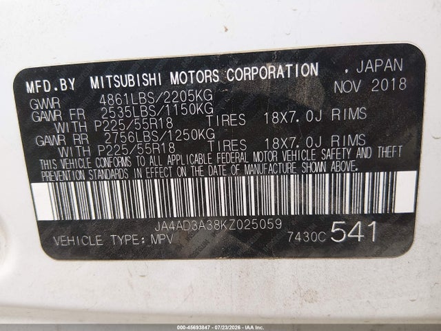 45693847 :رقم المزاد ، JA4AD3A38KZ025059 vin ، 2019 Mitsubishi Outlander Sel مزاد بيع