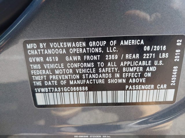 45693849 :رقم المزاد ، 1VWBT7A31GC066886 vin ، 2016 Volkswagen Passat 1.8t Se مزاد بيع