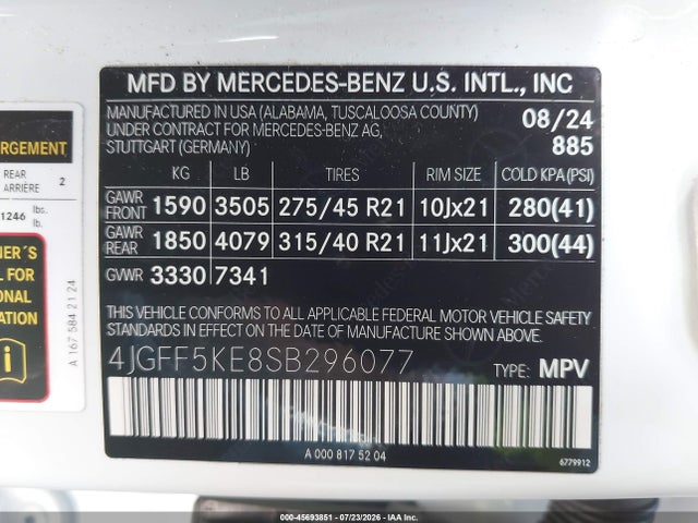 45693851 :رقم المزاد ، 4JGFF5KE8SB296077 vin ، 2025 Mercedes-benz Gls 450 4matic مزاد بيع