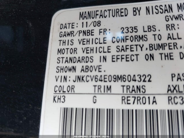 45693863 :رقم المزاد ، JNKCV64E09M604322 vin ، 2009 Infiniti G37 Journey مزاد بيع