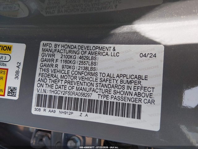 45693877 :رقم المزاد ، 1HGCY2F50RA058297 vin ، 2024 Honda Accord Hybrid Sport مزاد بيع