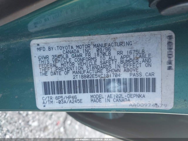 45693881 :رقم المزاد ، 2T1BB02E5VC181704 vin ، 1997 Toyota Corolla Dx مزاد بيع