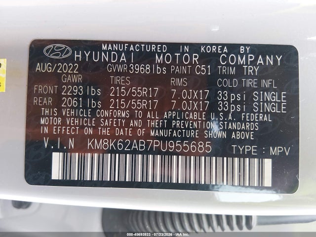45693923 :رقم المزاد ، KM8K62AB7PU955685 vin ، 2023 Hyundai Kona Sel مزاد بيع