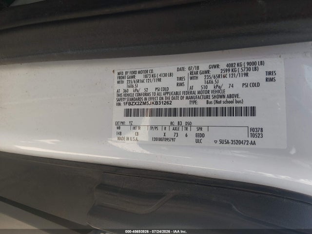 1FBZX2ZM5JKB31262 Ford Transit-350 Xl