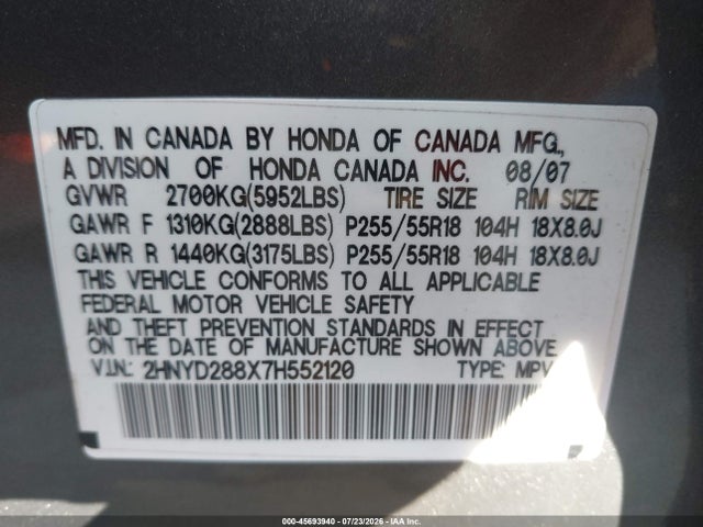 2007 Acura Mdx Sport Package მანქანა იყიდება აუქციონზე, vin: 2HNYD288X7H552120, აუქციონის ნომერი: 45693940