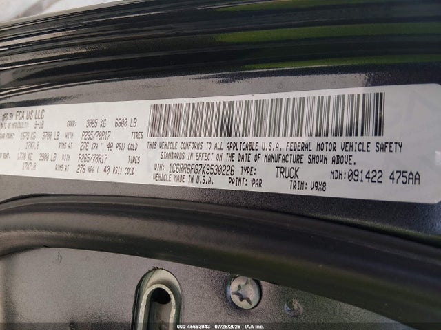 45693943 :رقم المزاد ، 1C6RR6FG7KS530226 vin ، 2019 Ram 1500 Classic Tradesman  4x2 6'4 Box مزاد بيع