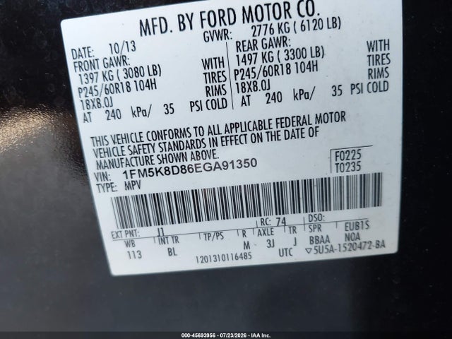 Aukcja sprzedaży 2014 Ford Explorer Xlt, vin: 1FM5K8D86EGA91350, numer aukcji: 45693956