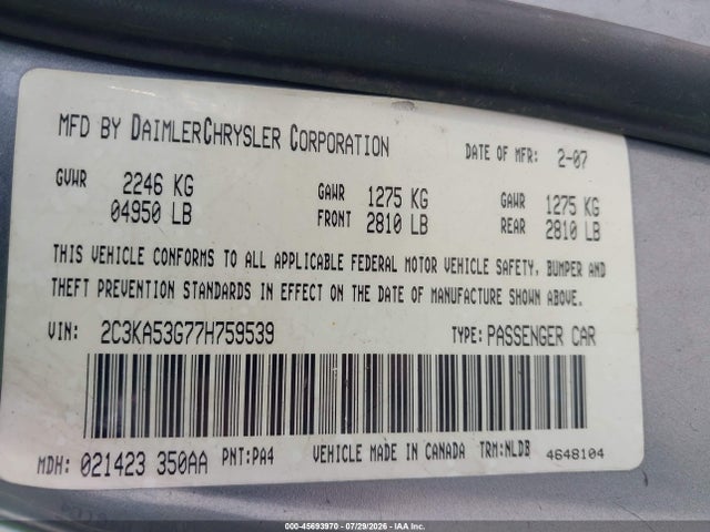 Aukcja sprzedaży 2007 Chrysler 300 Touring, vin: 2C3KA53G77H759539, numer aukcji: 45693970