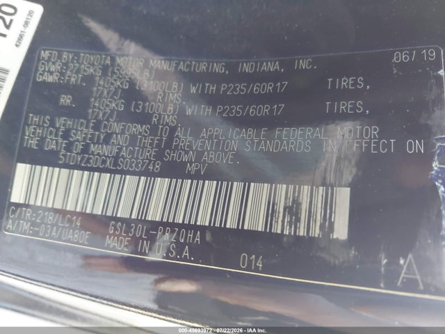 Aukcja sprzedaży 2020 Toyota Sienna Xle Premium, vin: 5TDYZ3DCXLS033748, numer aukcji: 45693972