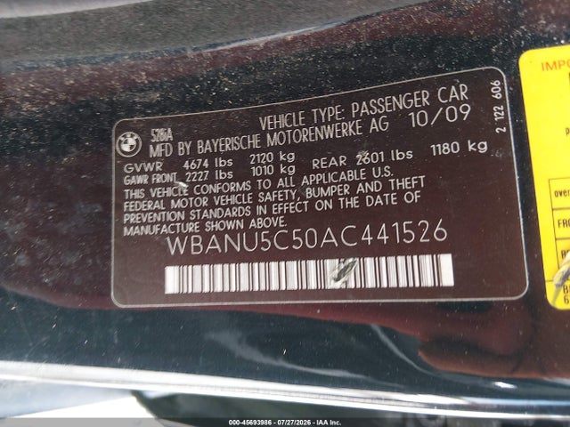 Aukcja sprzedaży 2010 Bmw 528i, vin: WBANU5C50AC441526, numer aukcji: 45693986