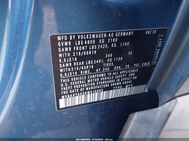 Продажа на аукционе авто 2017 Volkswagen Tiguan 2.0t S, vin: WVGAV7AX3HW510969, номер лота: 45693993