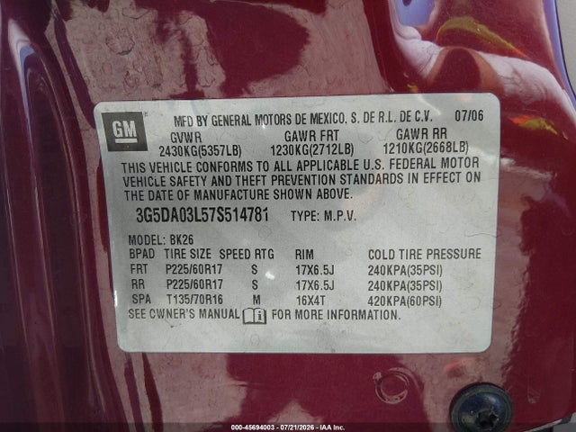 2007 Buick Rendezvous Cxl მანქანა იყიდება აუქციონზე, vin: 3G5DA03L57S514781, აუქციონის ნომერი: 45694003