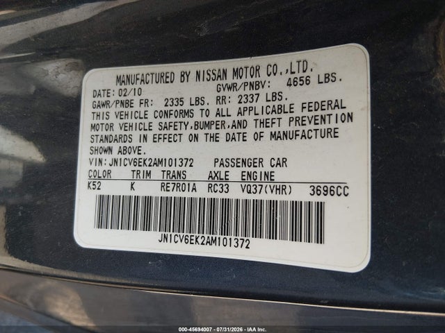 Aukcja sprzedaży 2010 Infiniti G37, vin: JN1CV6EK2AM101372, numer aukcji: 45694007