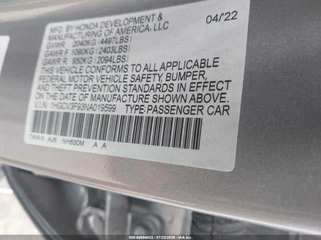 2022 Honda Accord Hybrid Touring მანქანა იყიდება აუქციონზე, vin: 1HGCV3F93NA019599, აუქციონის ნომერი: 45694033