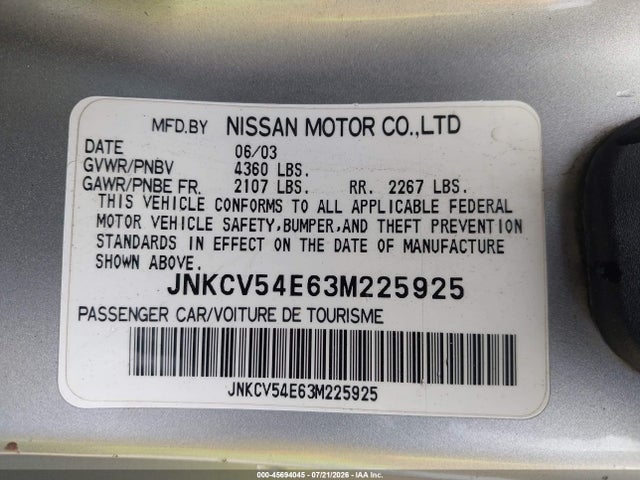 45694045 :رقم المزاد ، JNKCV54E63M225925 vin ، 2003 Infiniti G35 Base W/leather مزاد بيع