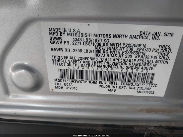 2015 Mitsubishi Outlander Sport Es მანქანა იყიდება აუქციონზე, vin: 4A4AP3AU4FE023546, აუქციონის ნომერი: 45694059