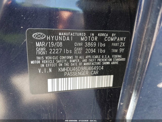 45694066 :رقم المزاد ، KMHDU46D98U464914 vin ، 2008 Hyundai Elantra Gls/se مزاد بيع