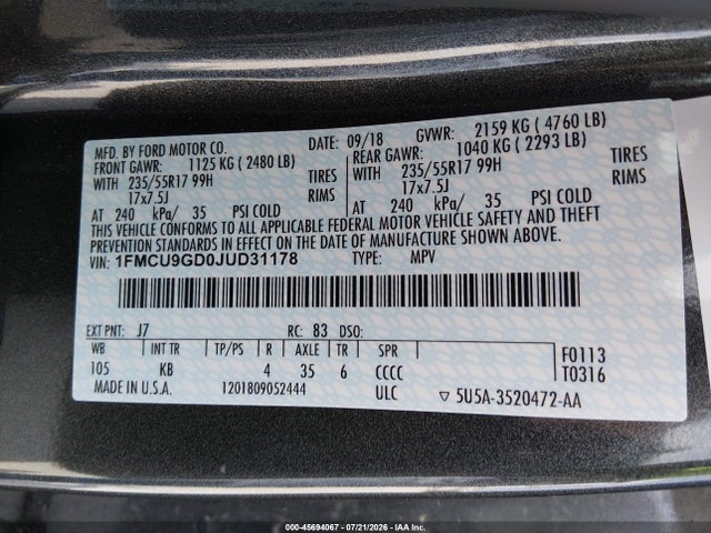 Ford ESCAPE SE 2018 1FMCU9GD0JUD31178 Image 9