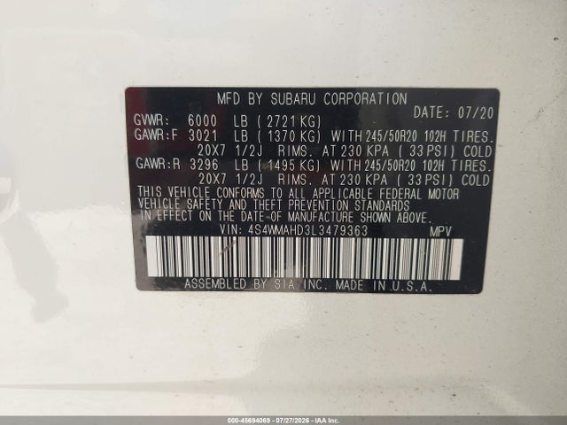 Aukcja sprzedaży 2020 Subaru Ascent Premium, vin: 4S4WMAHD3L3479363, numer aukcji: 45694069