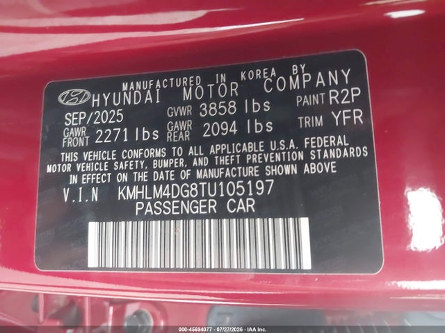 45694077 :رقم المزاد ، KMHLM4DG8TU105197 vin ، 2026 Hyundai Elantra Sel Sport مزاد بيع